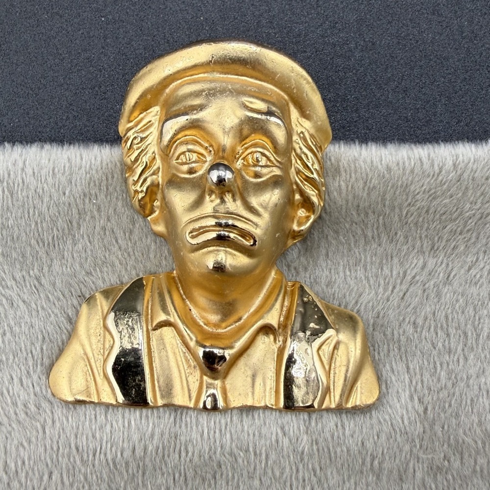 Vintage Estate Brooch Gold Tone Creepy Sad Clown 3D Figural 2in
